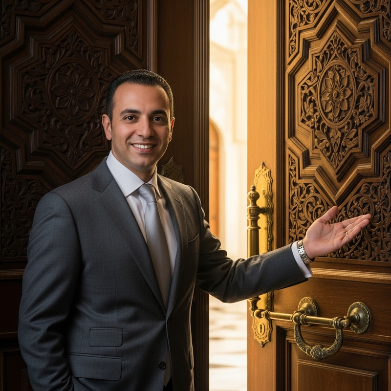 Friendly Middle-Eastern Man Inviting Visitors Inside Friendly Middle-Eastern Man Inviting Visitors Inside