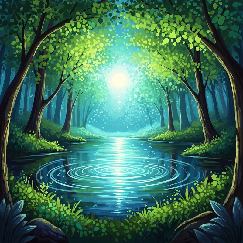 Enchanted Forest with Glowing Lake | Vibrant Art