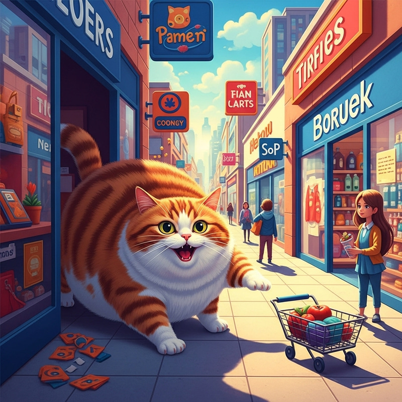 Plump and Plush Cat Frolicking at Vibrant Shopping Mall