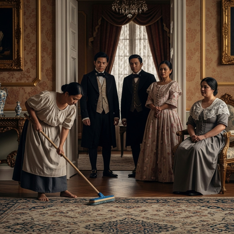 Filipino Woman Cleaning Floor - 19th Century Social Class Contrast Filipino Woman Cleaning Floor - 19th Century Social Class Contrast