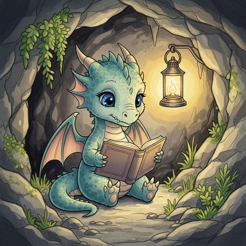 Adorable Baby Dragon Reading Book in Enchanting Cavern Adorable Baby Dragon Reading Book in Enchanting Cavern