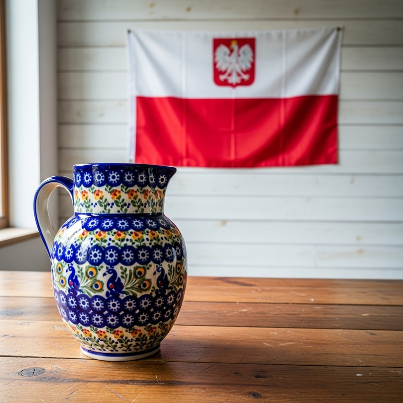 Handcrafted Polish Pottery Pitcher on Wooden Table with Polish Flag Wall Decor Handcrafted Polish Pottery Pitcher on Wooden Table with Polish Flag Wall Decor