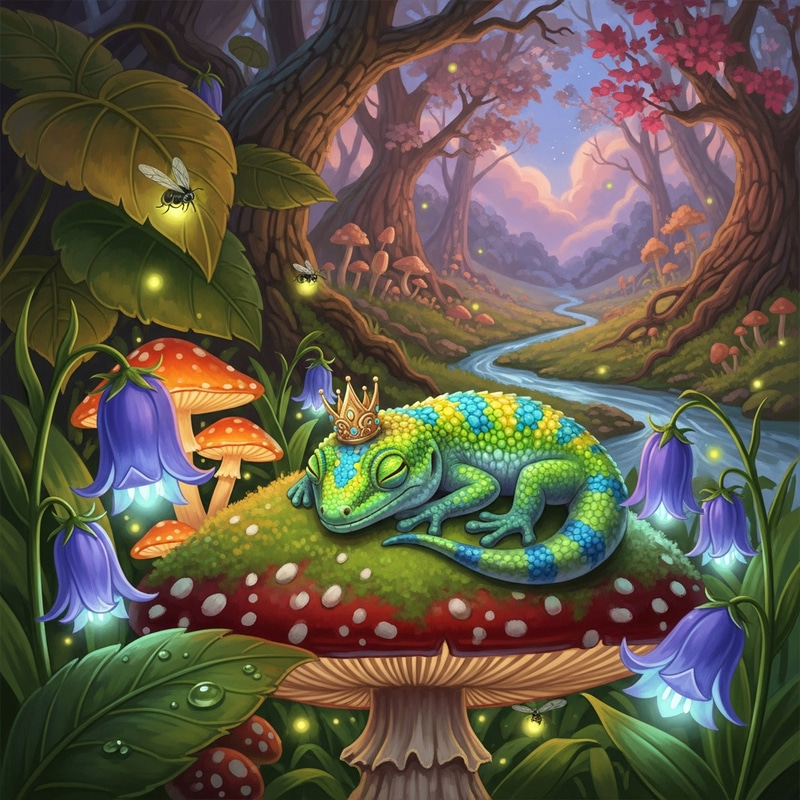 Whimsical Fantasy Painting of Male Gecko Napping with Golden Crown
