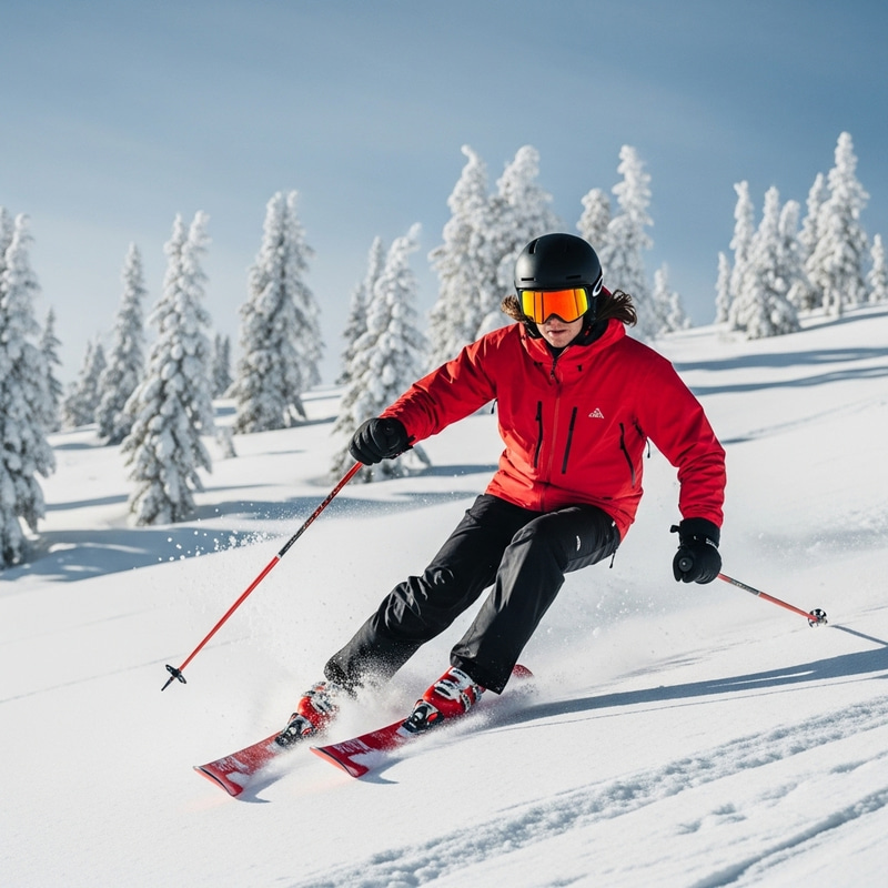 Snowy Mountain Skier with Red Ski Jacket and Black Pants Snowy Mountain Skier with Red Ski Jacket and Black Pants