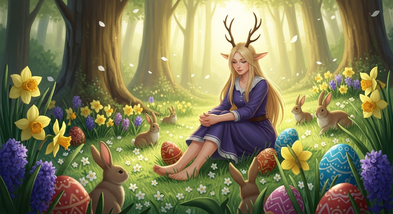 Blond Spring Goddess with Bunnies & Colorful Eggs