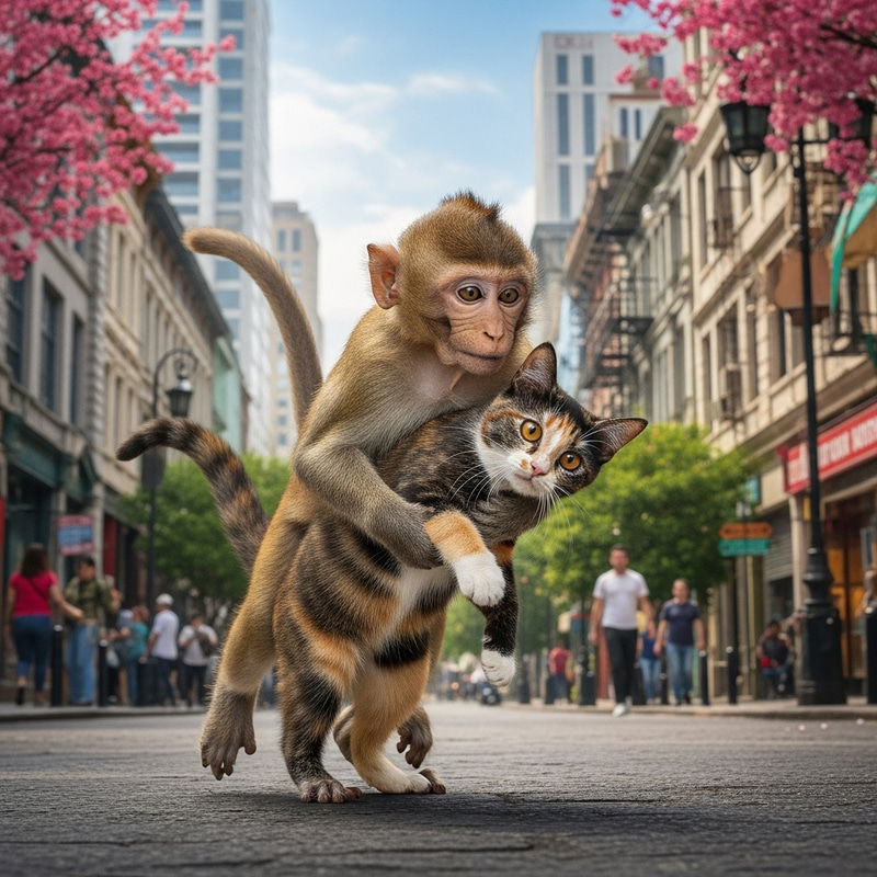 Mischievous Monkey Abducts Cat in Street Chaos