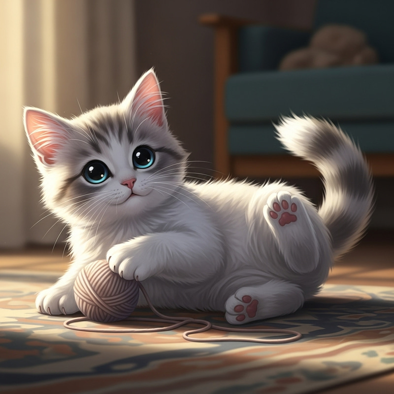 Cute Kitten with Blue Eyes on Patterned Rug