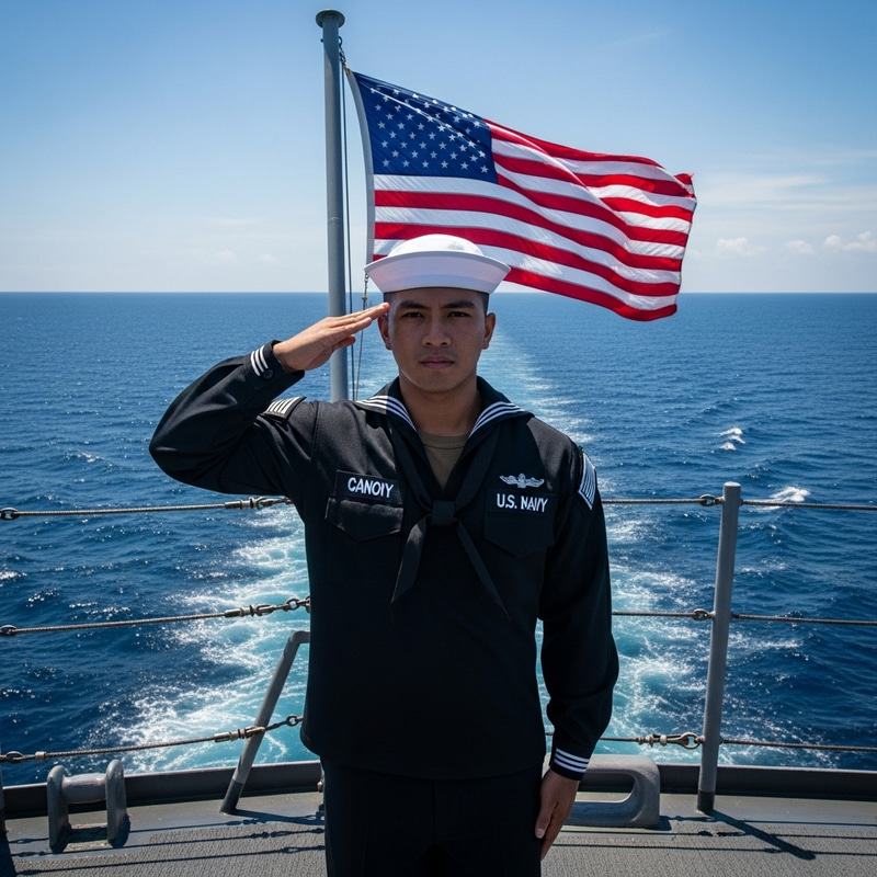 Filipino Sailor Saluting Flag on Ship Deck with Sea View Filipino Sailor Saluting Flag on Ship Deck with Sea View
