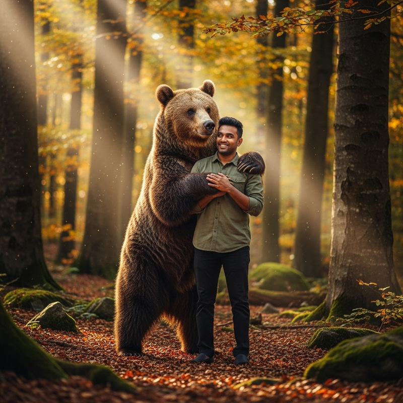 Brown Bear Embracing South Asian Man in Forest Brown Bear Embracing South Asian Man in Forest