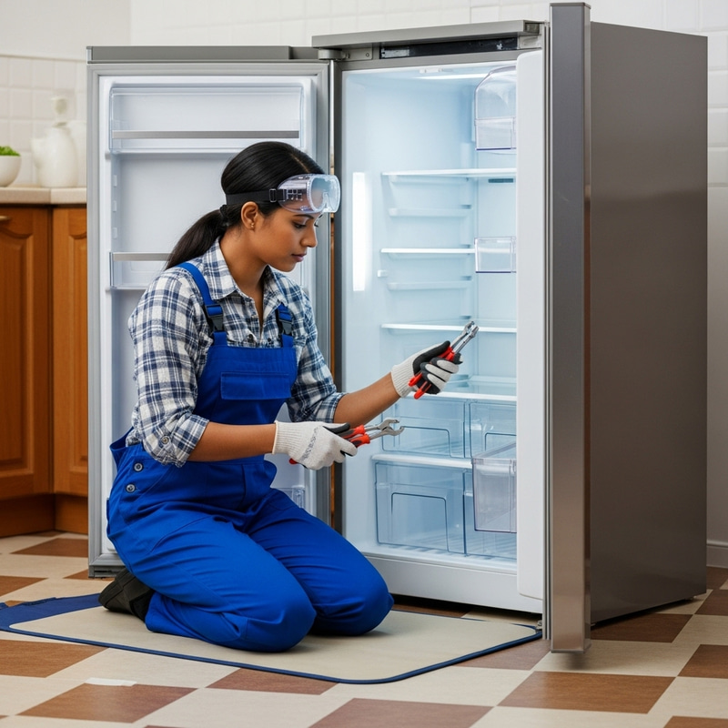 Skilled Female Appliance Technician Repairing Stainless Steel Fridge Skilled Female Appliance Technician Repairing Stainless Steel Fridge