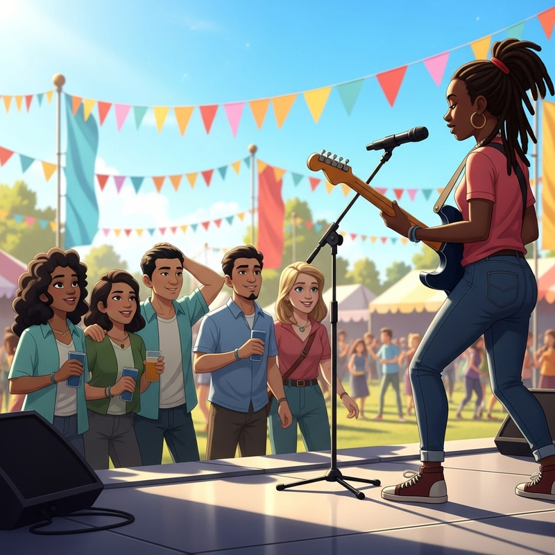Diverse Group Enjoying Music Outdoors in Animated Scene Diverse Group Enjoying Music Outdoors in Animated Scene