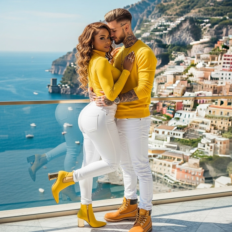 Luxurious Amalfi Coast Romance with Stylish Couple Embracing Luxurious Amalfi Coast Romance with Stylish Couple Embracing