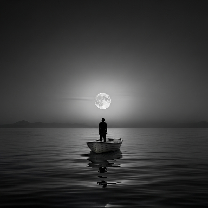 Solitude and Reflection: Minimalistic Serene Seascape Silhouette Solitude and Reflection: Minimalistic Serene Seascape Silhouette