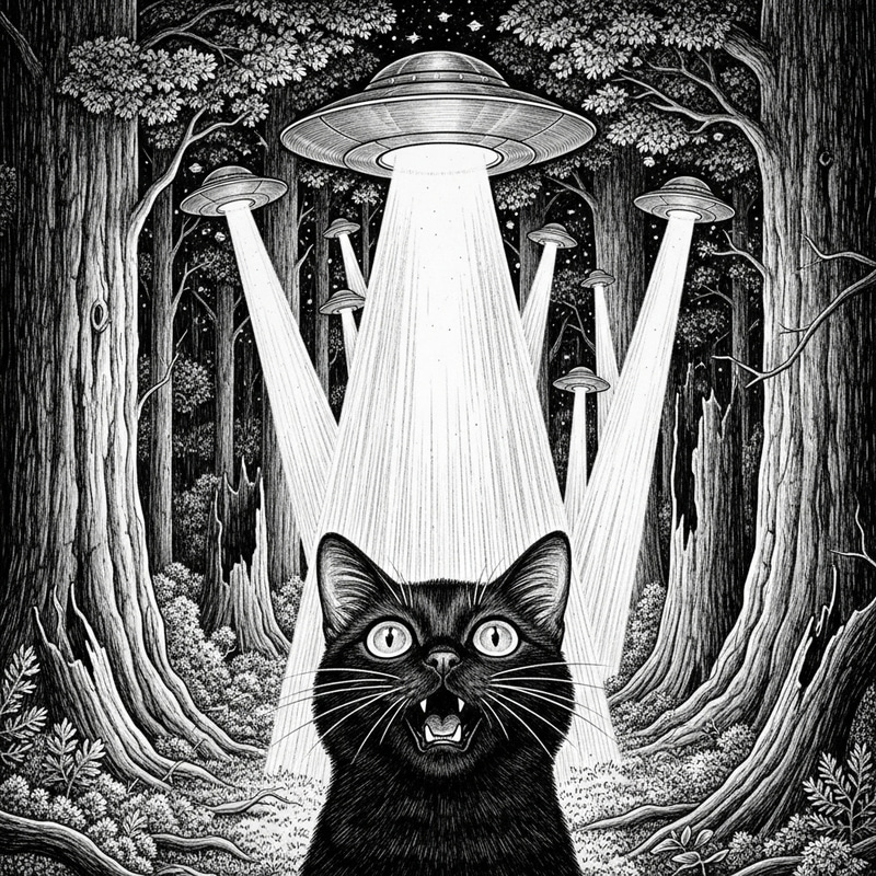 Mystical Encounter: Cat, Saucers & Forest in Chiaroscuro