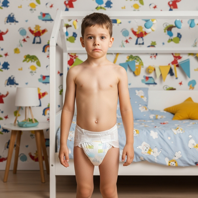 Adorable Eight-Year-Old Boy in Diapers | Cute Bedroom Portrait