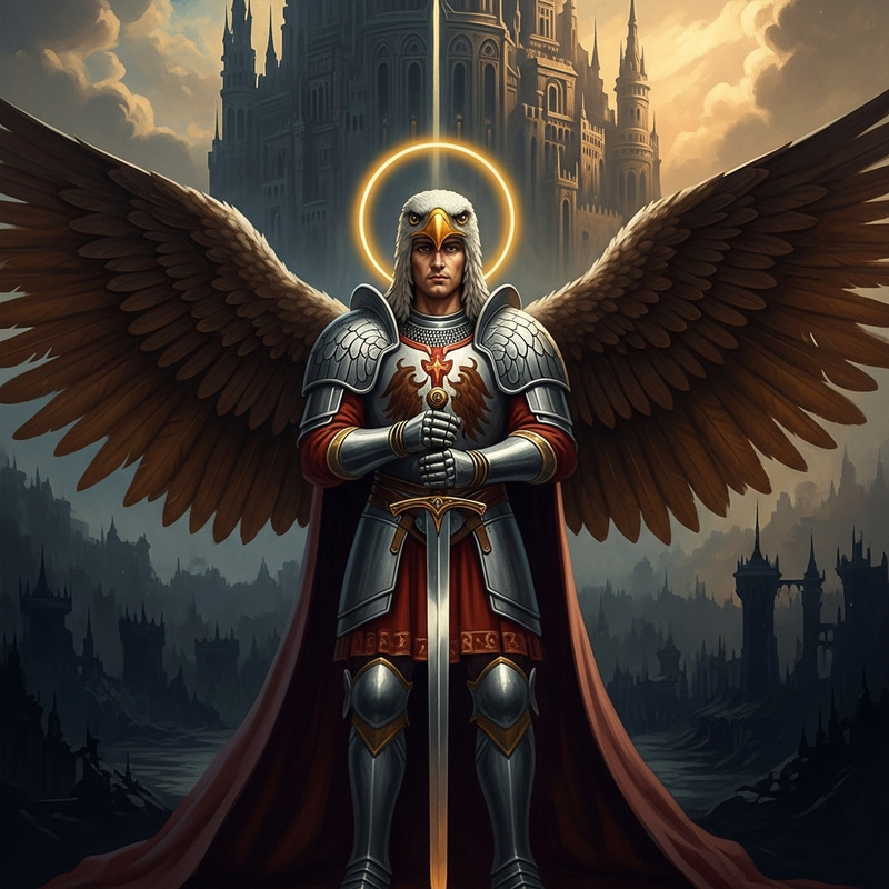 Expressive Oil Painting of Knight with Eagle Helmet and Sword | Dark Castle Backdrop