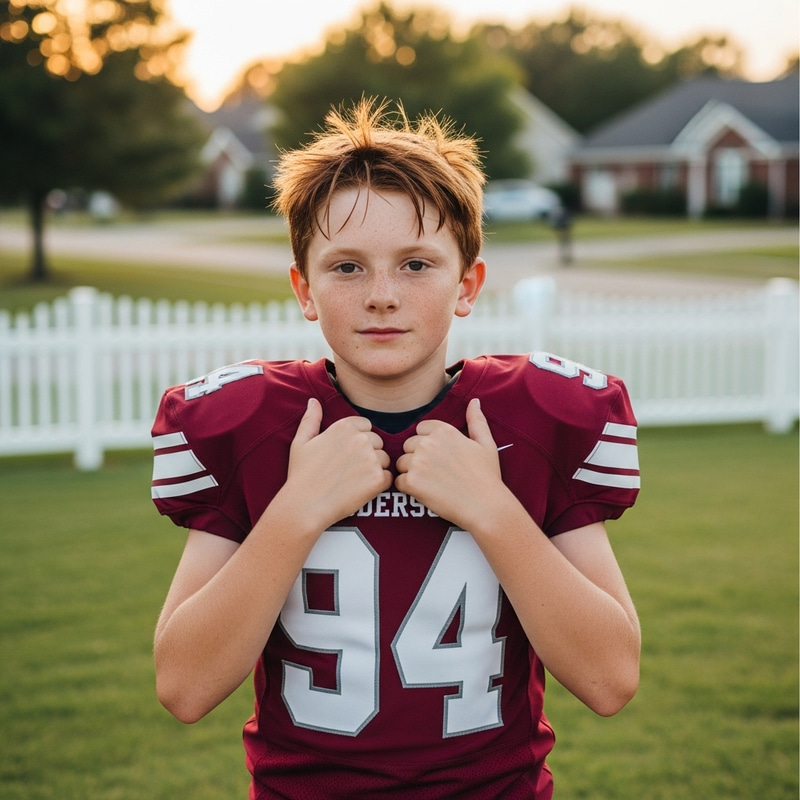 Confident Boy in Maroon Football Jersey | Suburban Sports Photography Confident Boy in Maroon Football Jersey | Suburban Sports Photography