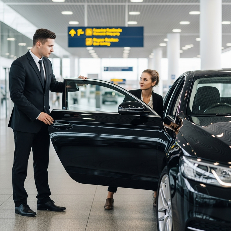 Chauffeur in Black Suit Opens Door of 2023 Black Toyota Camry Chauffeur in Black Suit Opens Door of 2023 Black Toyota Camry