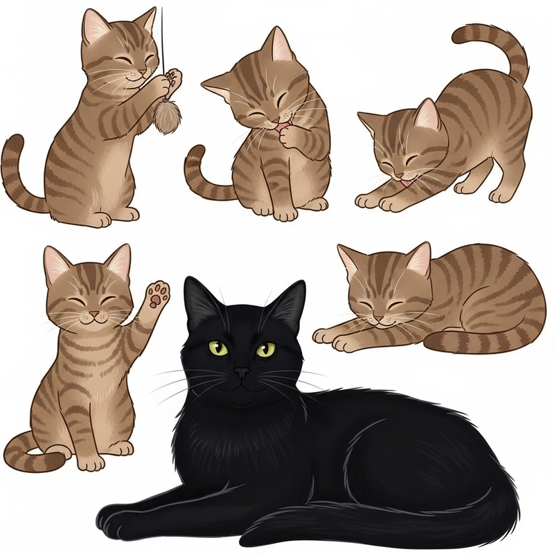Dignified Black Cat & Four Adorable Brown Cats