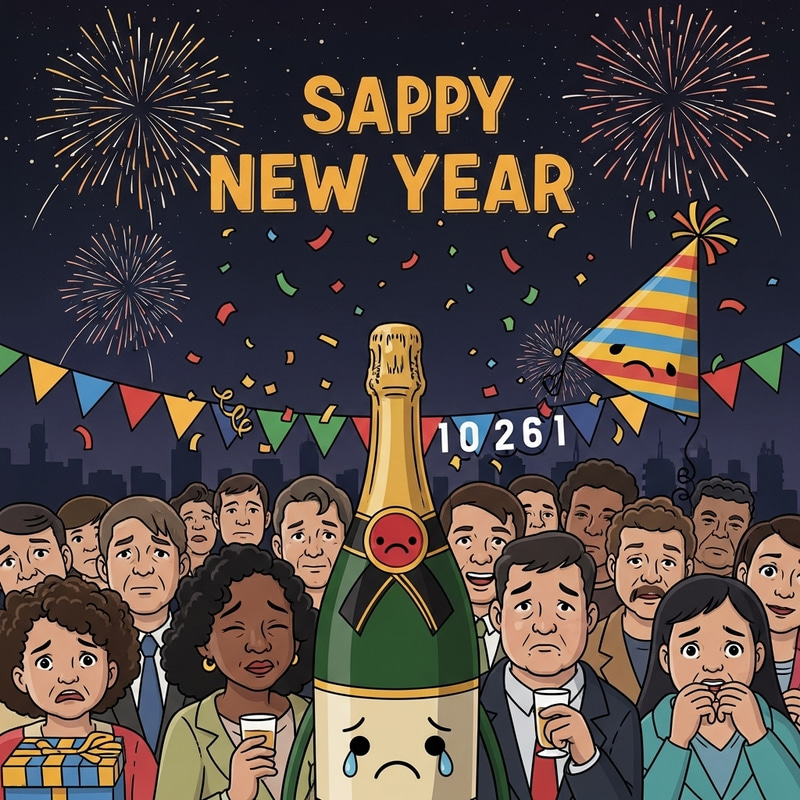 Sad New Year Art: Humor & Funny Scene with Anthropomorphic Characters