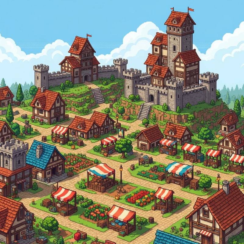 Medieval Castle atop Hill: Pixel Art Village Explorations