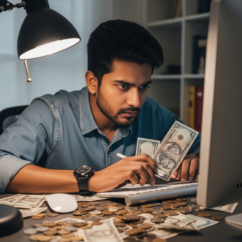 Focused Man Studying Online Surrounded by Money Focused Man Studying Online Surrounded by Money