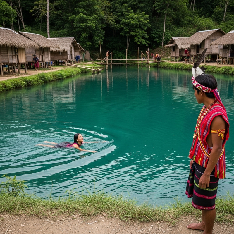 Serene Aeta Village: Indigenous Man, Lady in Verdant Lagoon Serene Aeta Village: Indigenous Man, Lady in Verdant Lagoon