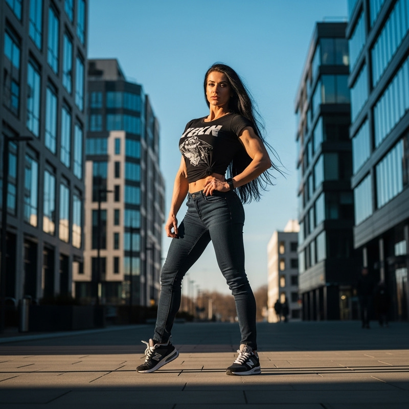 Confident Woman with Long Dark Hair in Urban Landscape Confident Woman with Long Dark Hair in Urban Landscape