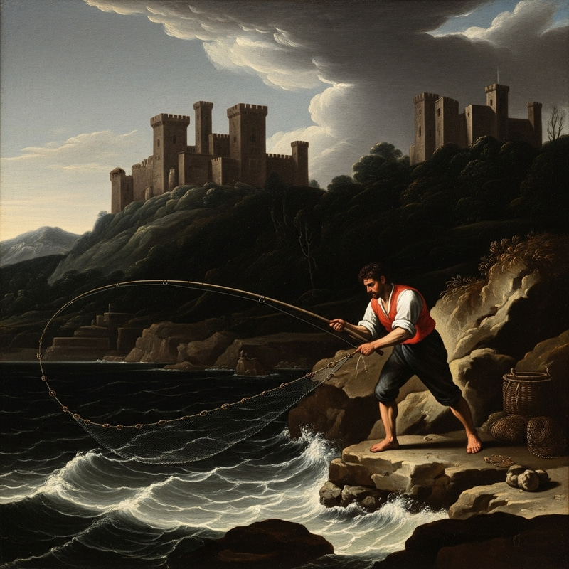 Dark Caravaggio-Style Oil Painting of Fisherman Casting Net with Moorish Castle on Rugged Rocks Dark Caravaggio-Style Oil Painting of Fisherman Casting Net with Moorish Castle on Rugged Rocks