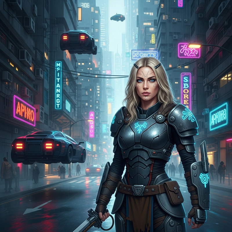 Viking Girl in a Cyberpunk Cityscape Viking Girl in a Cyberpunk Cityscape