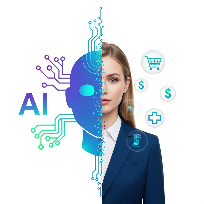 AI and Human Integration Symbol: E-commerce, Finance & Healthcare AI and Human Integration Symbol: E-commerce, Finance & Healthcare
