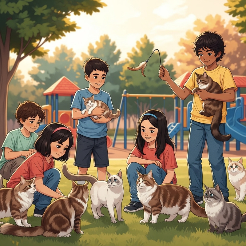 Kids Playing with Cats in Multicultural Park