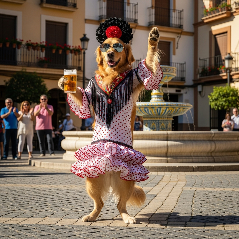 Dancing Dog in Town Square with Sunglasses and Beer - Spanish Flair