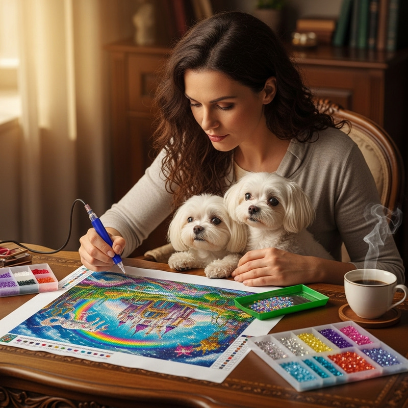 Woman with Dark Brown Curly Hair Crafting Fantasy Diamond Painting with Maltese Dogs