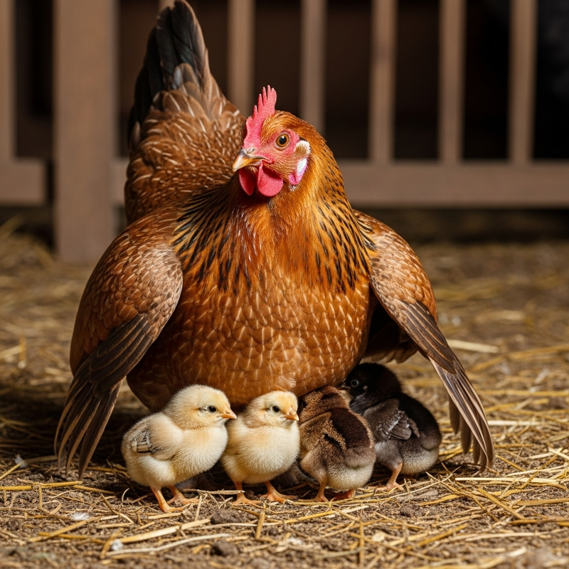 Mother Hen Sheltering Fluffy Chicks | Rustic Barnyard Scene Mother Hen Sheltering Fluffy Chicks | Rustic Barnyard Scene