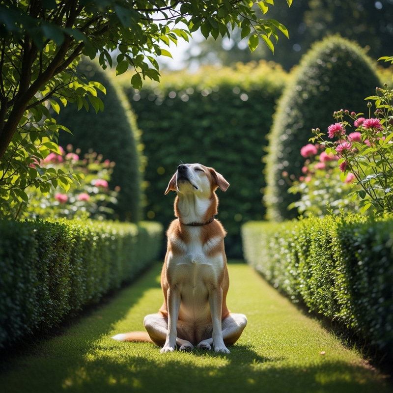 Cartoon Dog Meditating in Tranquil Garden Scene Cartoon Dog Meditating in Tranquil Garden Scene