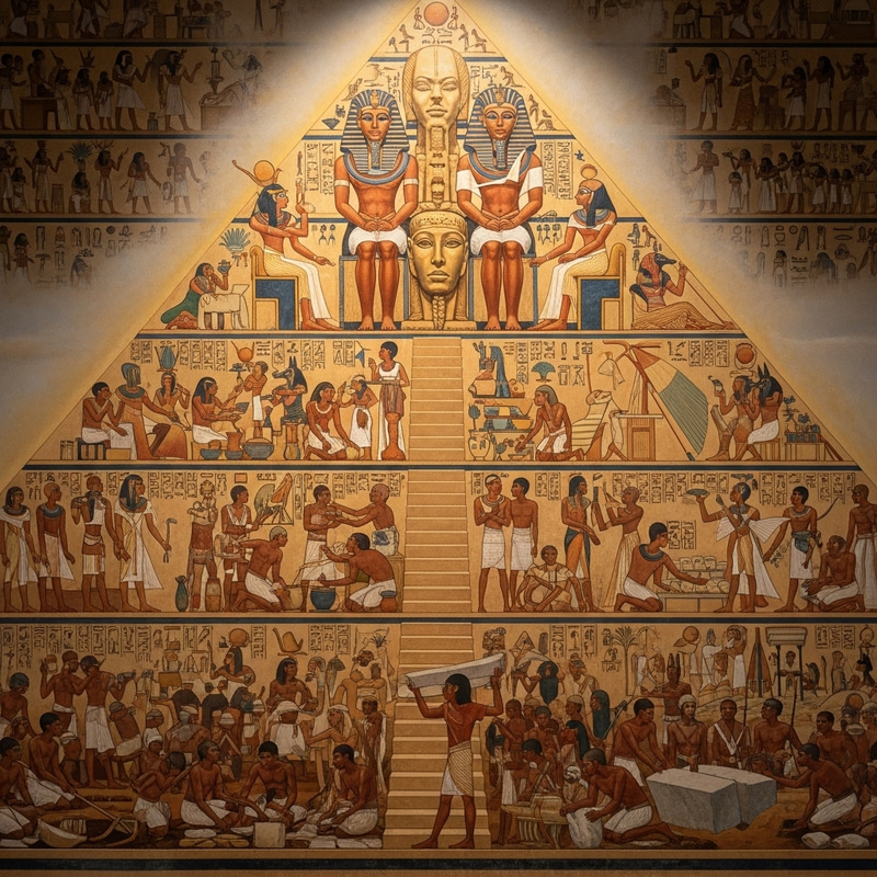 Ancient Egyptian Pyramid Society: Carved Faces, Hieroglyphics, Warm Lighting