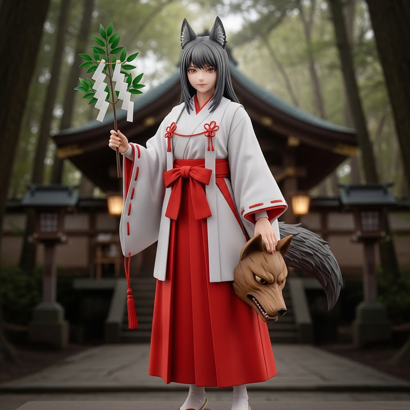 Wolf Toji - Traditional Japanese Shrine Maiden with Lupine Features