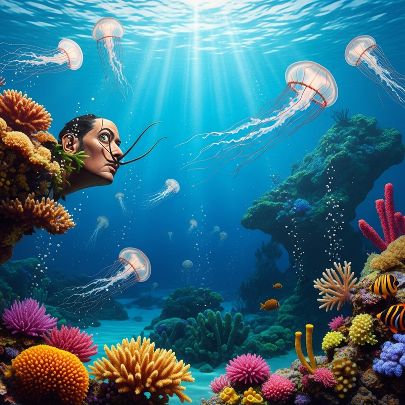 Vibrant Underwater Fantasy: Dalí-Inspired Jellyfish & Coral Reefs Vibrant Underwater Fantasy: Dalí-Inspired Jellyfish & Coral Reefs