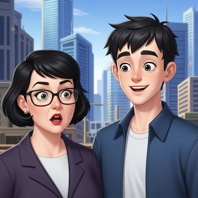 Disney Images: Woman with Black Short Hair and Bold Features Next to Boy with Short Black Hair and Tall Stature