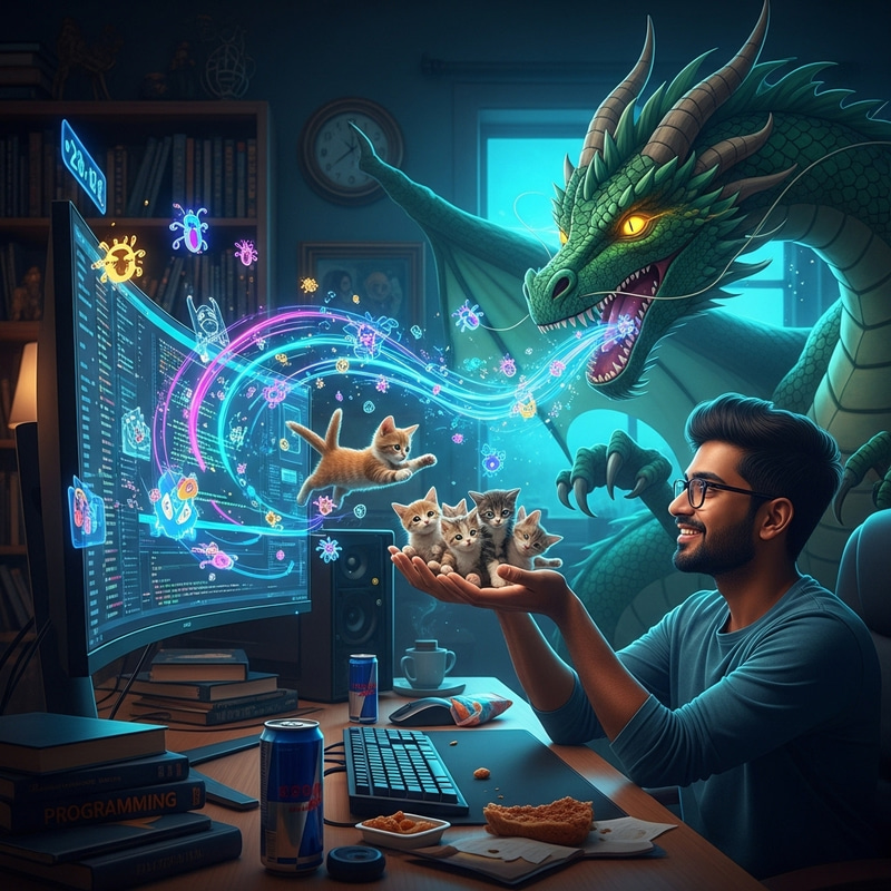 Programmer Feeding Dragon with Kittens and Bugs Programmer Feeding Dragon with Kittens and Bugs
