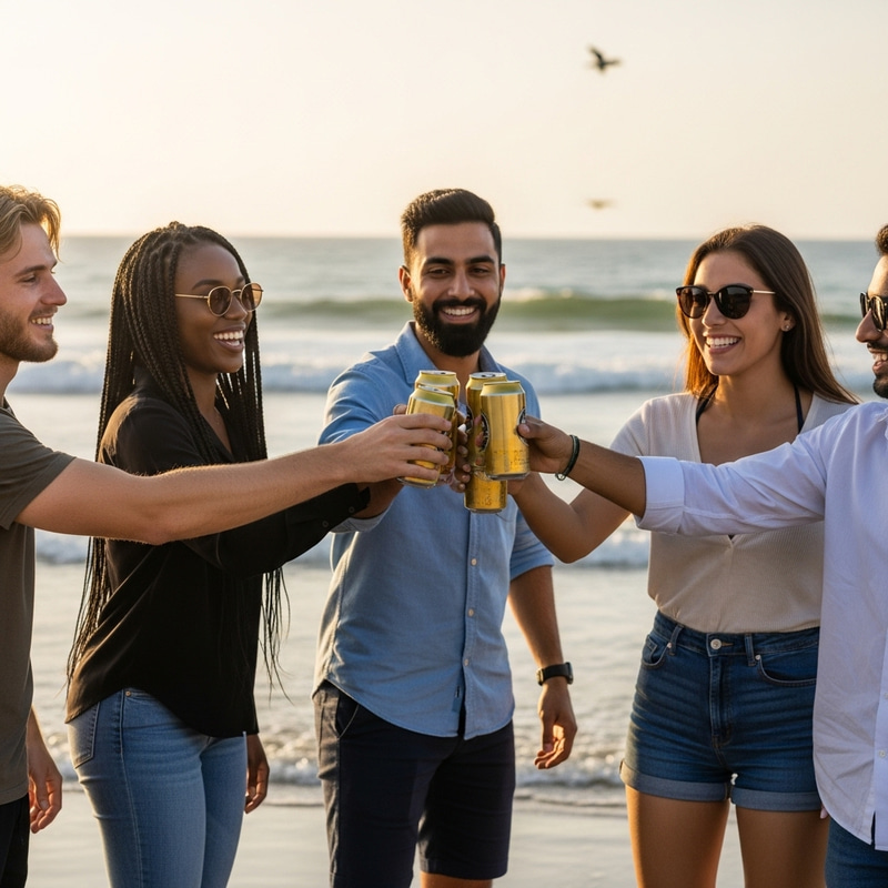 Friends Cheers with Beer Cans on Beach Friends Cheers with Beer Cans on Beach