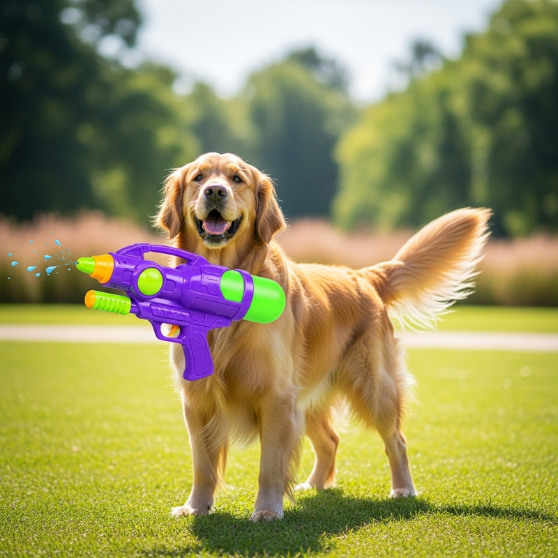 Happy Golden Retriever Playing with Colorful Water Gun Happy Golden Retriever Playing with Colorful Water Gun