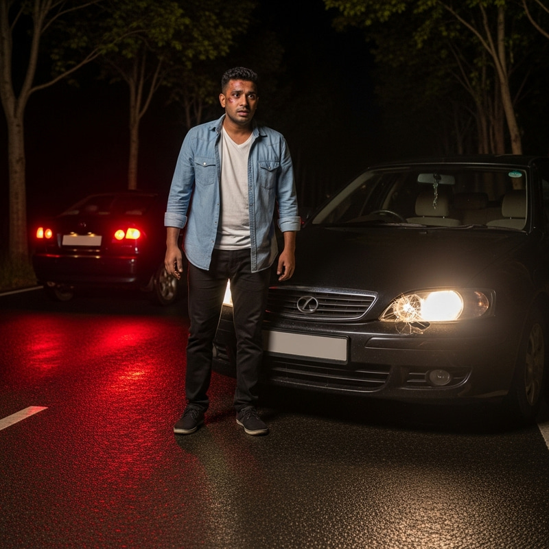 Man in Nighttime Traffic Accident: Urgency & Tension | South Asian Man Near Car Man in Nighttime Traffic Accident: Urgency & Tension | South Asian Man Near Car