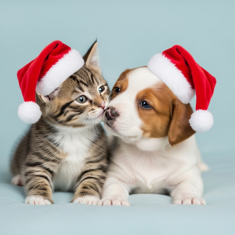 Cute Kitten and Puppy in Festive Holiday Hats | Christmas Pet Cheer