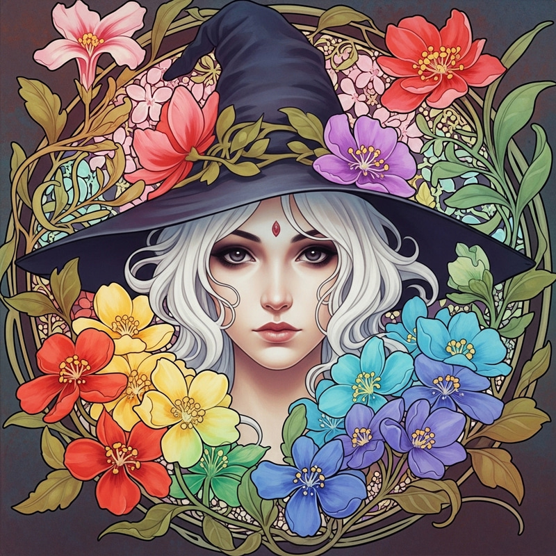 White-Haired Witch Woman Surrounded by Flowers and Leaves in Artistic Mix