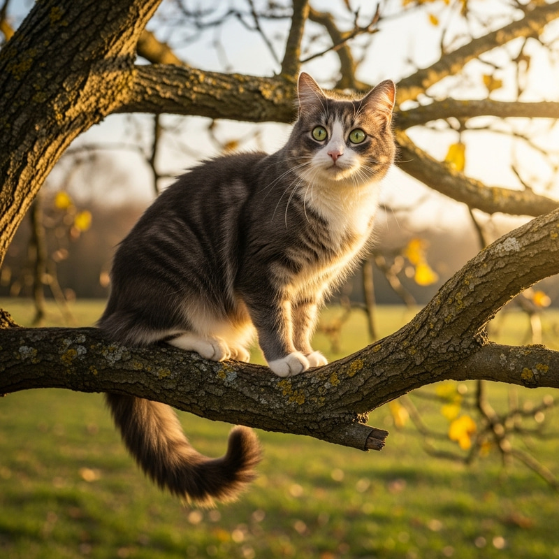 Grey and White Cat on Tree Branch | Tranquil Autumn Scene