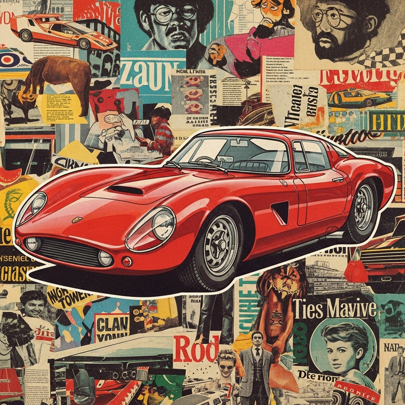 Retro Red Sport Car Collage Art | Vintage Classics