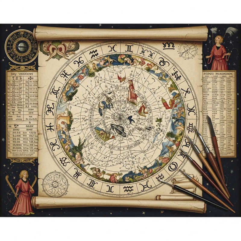 Detailed Northern Renaissance Astrology Chart in Jan van Eyck Style
