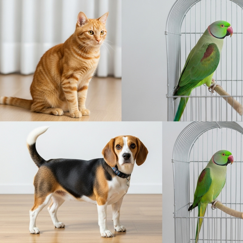 Tranquil & Serene Indoor Scene with Cat, Dog & Parrot Tranquil & Serene Indoor Scene with Cat, Dog & Parrot